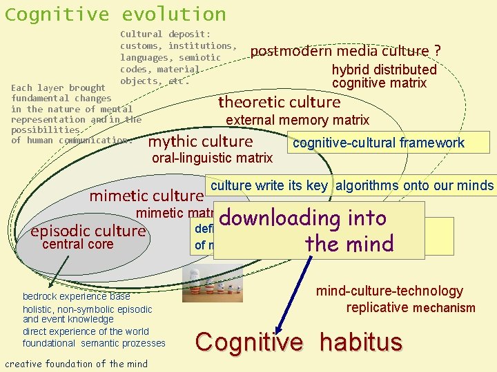 Cognitive evolution Cultural deposit: customs, institutions, languages, semiotic codes, material objects, etc. Each layer