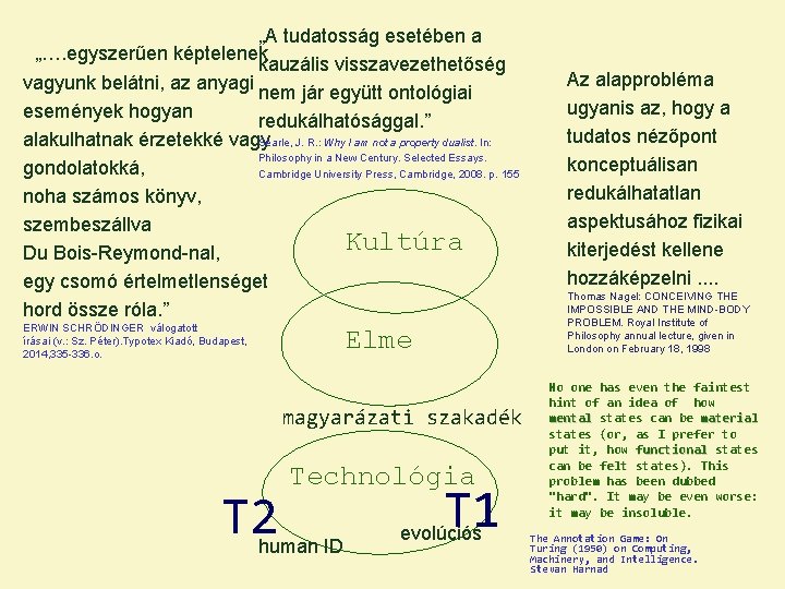 „A tudatosság esetében a „…. egyszerűen képtelenek kauzális visszavezethetőség vagyunk belátni, az anyagi nem