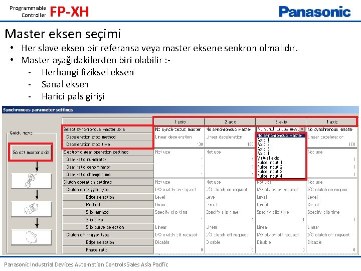 Programmable Controller FP-XH Master eksen seçimi • Her slave eksen bir referansa veya master