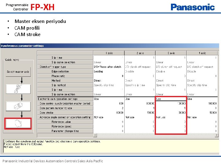 Programmable Controller FP-XH • Master eksen periyodu • CAM profili • CAM stroke Panasonic