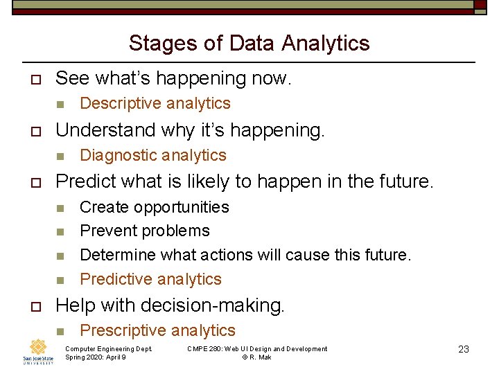 Stages of Data Analytics o See what’s happening now. n o Understand why it’s