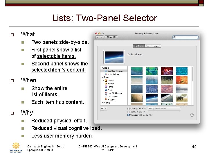 Lists: Two-Panel Selector o What n n n o When n n o Two
