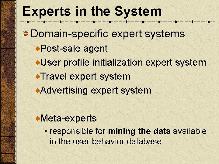 Experts in the System Domain-specific expert systems Post-sale agent User profile initialization expert system