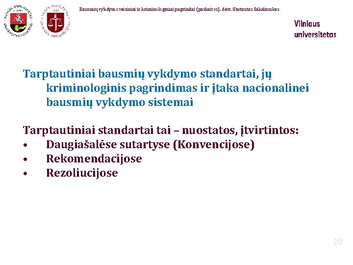 Bausmių vykdymo teisiniai ir kriminologiniai pagrindai (paskaitos), dėst. Gintautas Sakalauskas Tarptautiniai bausmių vykdymo standartai,