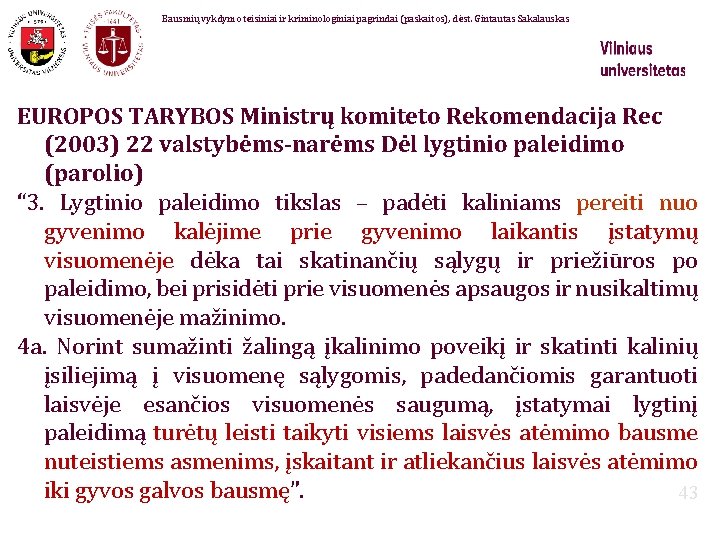 Bausmių vykdymo teisiniai ir kriminologiniai pagrindai (paskaitos), dėst. Gintautas Sakalauskas EUROPOS TARYBOS Ministrų komiteto