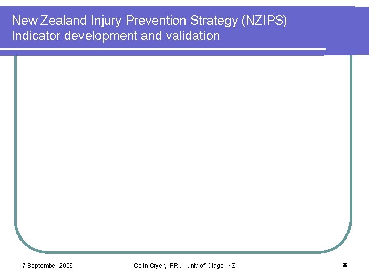 New Zealand Injury Prevention Strategy (NZIPS) Indicator development and validation 7 September 2006 Colin