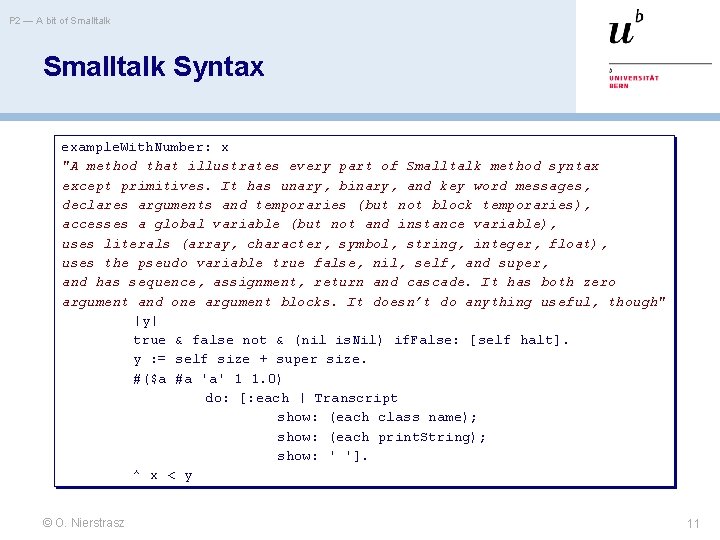 P 2 — A bit of Smalltalk Syntax example. With. Number: x "A method