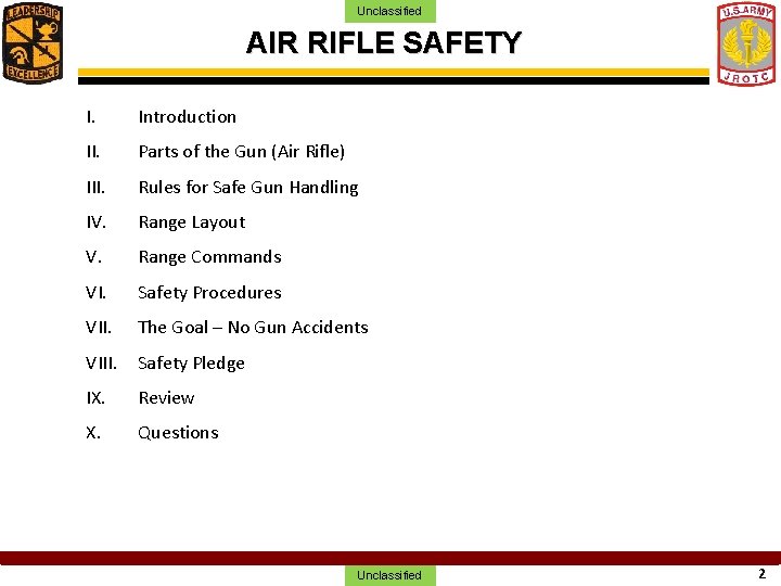 Unclassified AIR RIFLE SAFETY I. Introduction II. Parts of the Gun (Air Rifle) III.