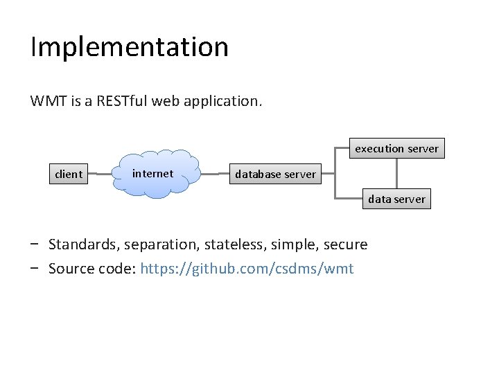 Implementation WMT is a RESTful web application. execution server client internet database server data