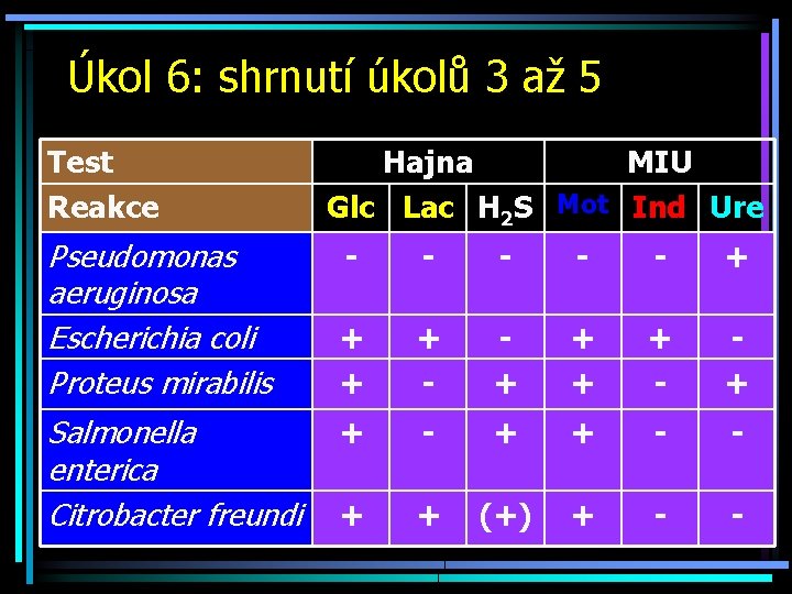 Úkol 6: shrnutí úkolů 3 až 5 Test Reakce Pseudomonas aeruginosa Escherichia coli Proteus