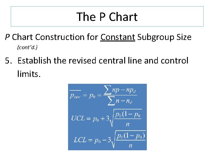 The P Chart Construction for Constant Subgroup Size (cont’d. ) 5. Establish the revised The P Chart Construction for Constant Subgroup Size (cont’d. ) 5. Establish the revised