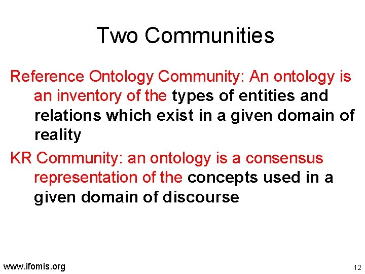 Two Communities Reference Ontology Community: An ontology is an inventory of the types of