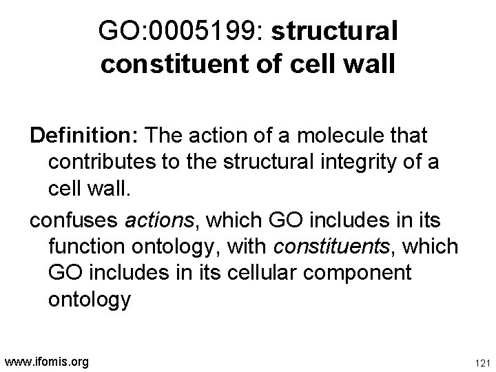 GO: 0005199: structural constituent of cell wall Definition: The action of a molecule that