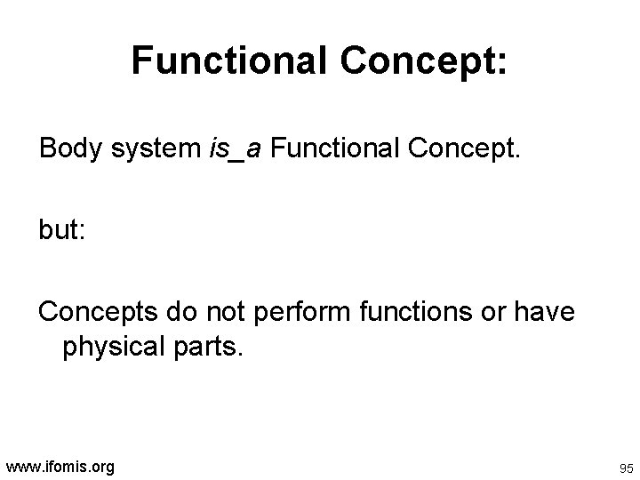 Functional Concept: Body system is_a Functional Concept. but: Concepts do not perform functions or
