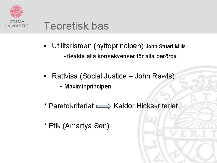 Teoretisk bas • Utilitarismen (nyttoprincipen) John Stuart Mills -Beakta alla konsekvenser för alla berörda