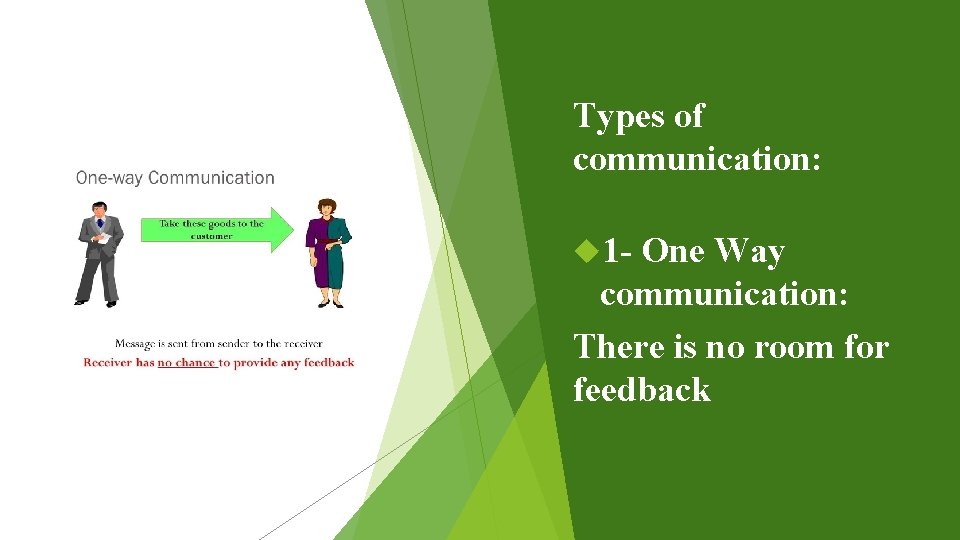 Types of communication: 1 - One Way communication: There is no room for feedback