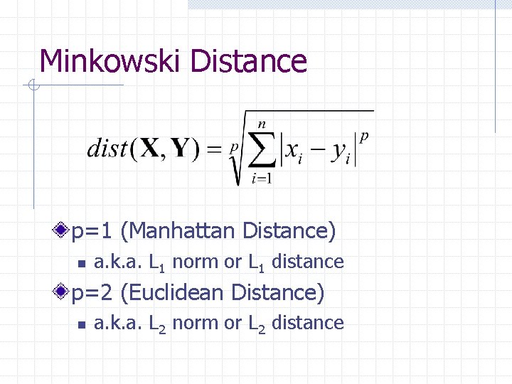 Minkowski Distance p=1 (Manhattan Distance) n a. k. a. L 1 norm or L