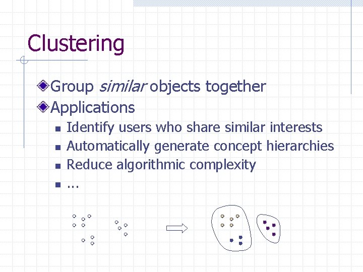 Clustering Group similar objects together Applications n n Identify users who share similar interests