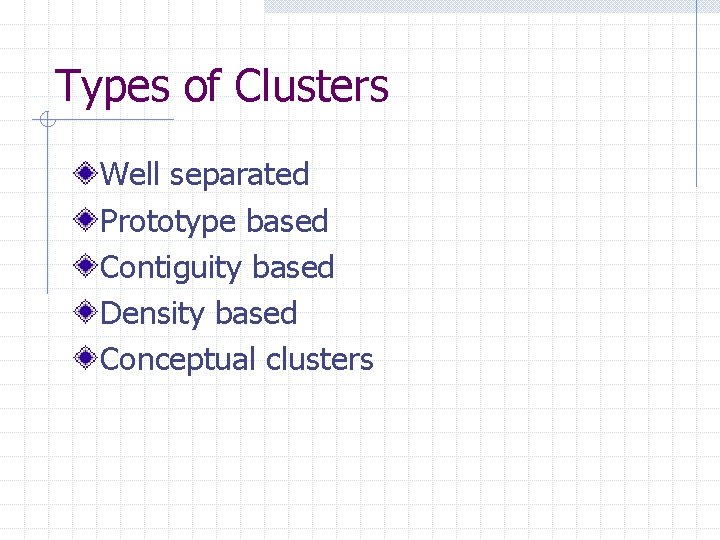 Types of Clusters Well separated Prototype based Contiguity based Density based Conceptual clusters 