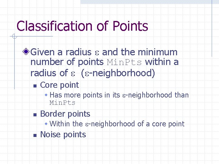 Classification of Points Given a radius and the minimum number of points Min. Pts