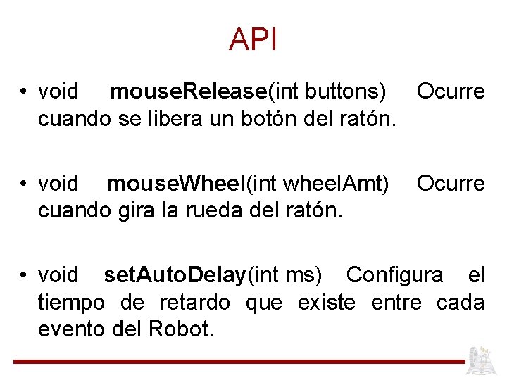 API • void mouse. Release(int buttons) Ocurre cuando se libera un botón del ratón.