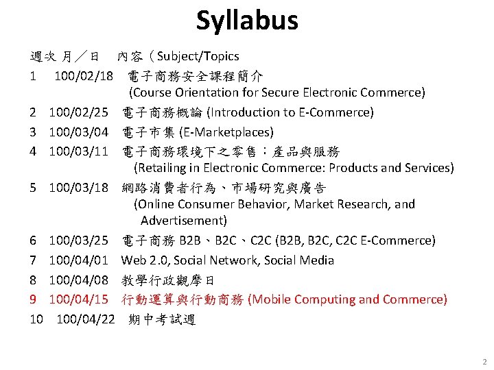 Syllabus 週次 月／日 內容（Subject/Topics 1 100/02/18 電子商務安全課程簡介 (Course Orientation for Secure Electronic Commerce) 2
