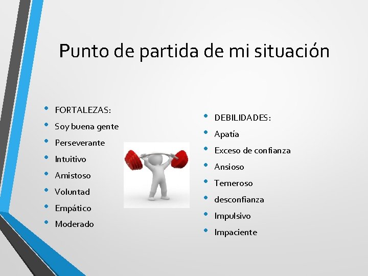 Punto de partida de mi situación • • FORTALEZAS: Soy buena gente Perseverante Intuitivo