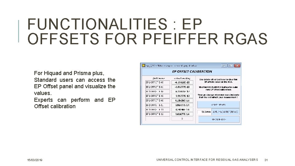 FUNCTIONALITIES : EP OFFSETS FOR PFEIFFER RGAS For Hiquad and Prisma plus, Standard users FUNCTIONALITIES : EP OFFSETS FOR PFEIFFER RGAS For Hiquad and Prisma plus, Standard users