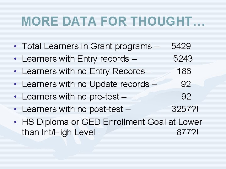 MORE DATA FOR THOUGHT… • • Total Learners in Grant programs – 5429 Learners