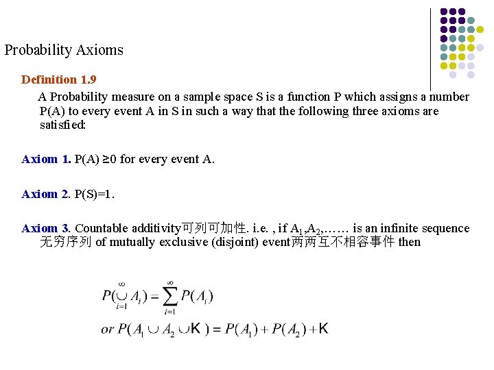Probability Axioms Definition 1. 9 A Probability measure on a sample space S is