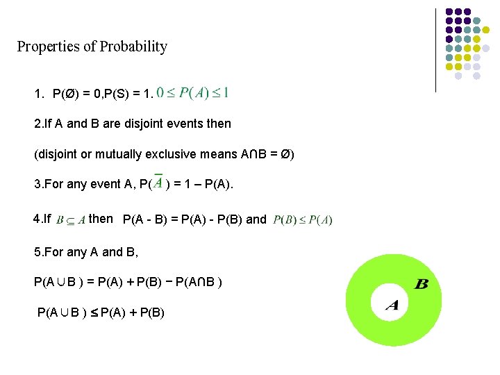 Properties of Probability 1. P(Ø) = 0, P(S) = 1. 2. If A and