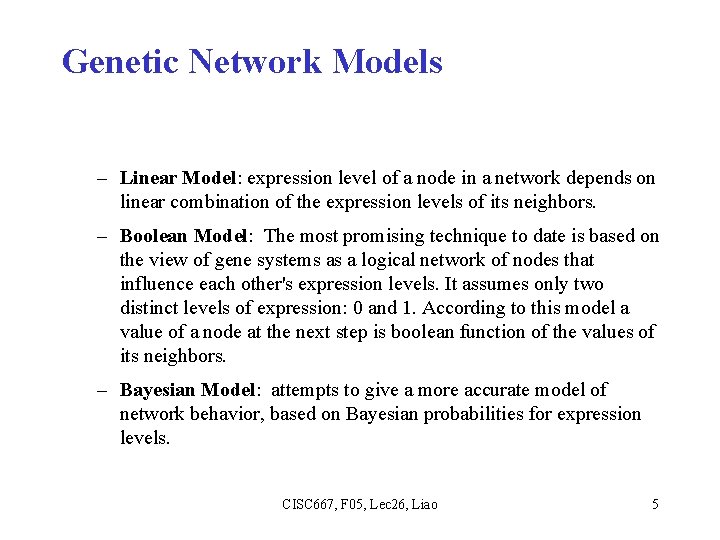 Genetic Network Models – Linear Model: expression level of a node in a network