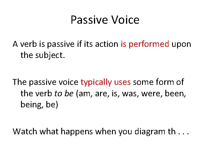 Passive Voice A verb is passive if its action is performed upon the subject. Passive Voice A verb is passive if its action is performed upon the subject.
