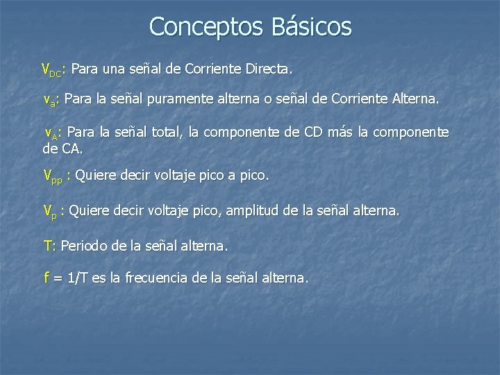 Conceptos Básicos VDC: Para una señal de Corriente Directa. va: Para la señal puramente