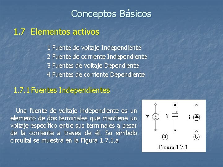 Conceptos Básicos 1. 7 Elementos activos 1 Fuente de voltaje Independiente 2 Fuente de