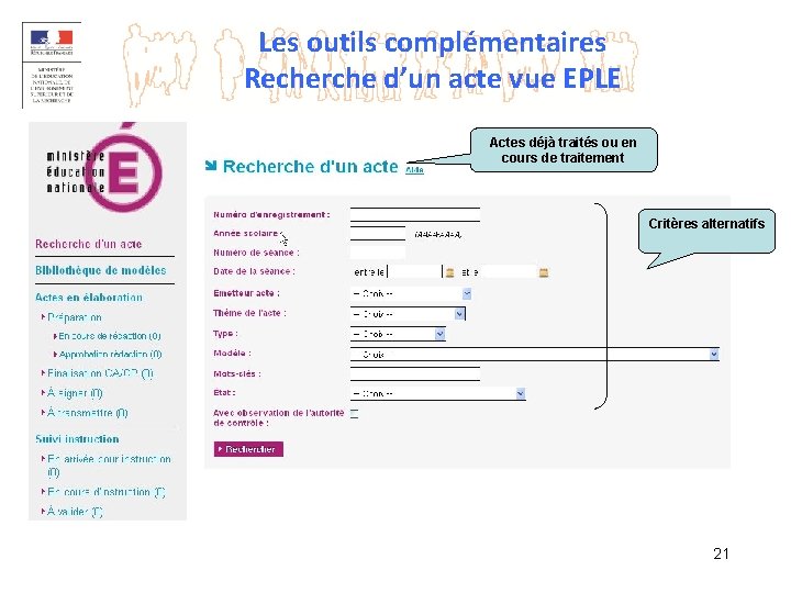 Les outils complémentaires Recherche d’un acte vue EPLE Actes déjà traités ou en cours