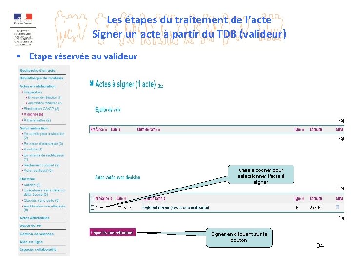 Les étapes du traitement de l’acte Signer un acte à partir du TDB (valideur)