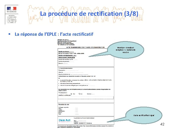 La procédure de rectification (3/8) § La réponse de l’EPLE : l’acte rectificatif Mention