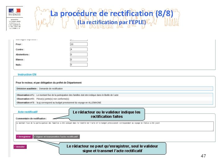 La procédure de rectification (8/8) (La rectification par l’EPLE) Le rédacteur ou le valideur