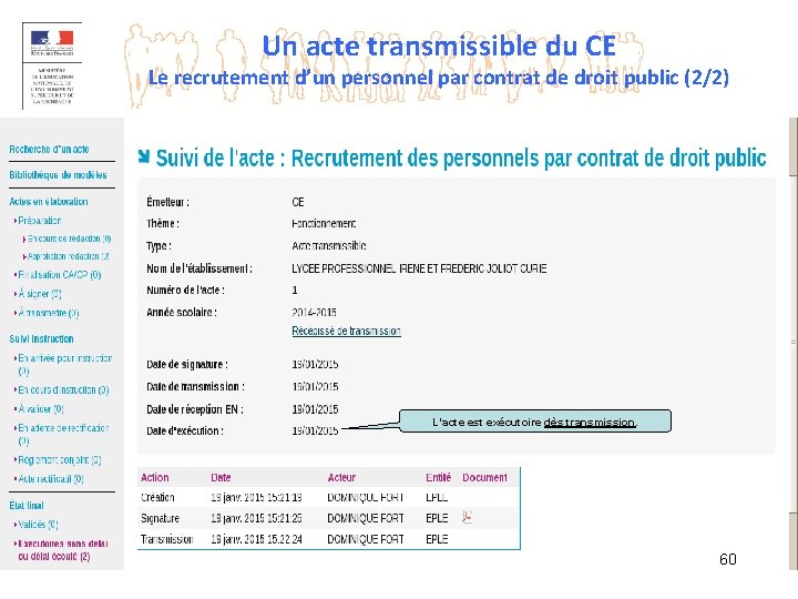 Un acte transmissible du CE Le recrutement d’un personnel par contrat de droit public