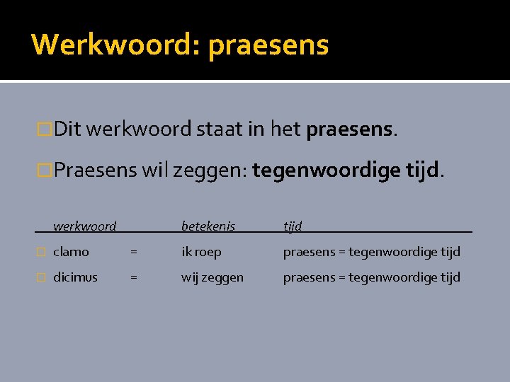 Werkwoord: praesens �Dit werkwoord staat in het praesens. �Praesens wil zeggen: tegenwoordige tijd. werkwoord