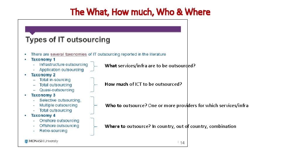 The What, How much, Who & Where What services/infra are to be outsourced? How