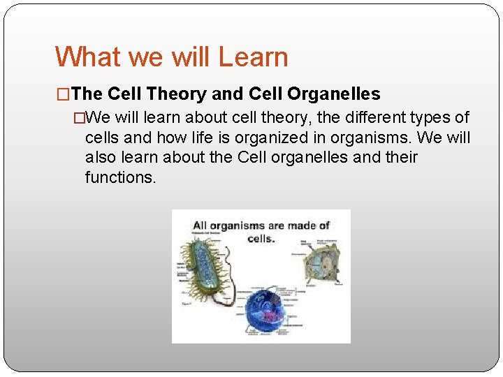 What we will Learn �The Cell Theory and Cell Organelles �We will learn about