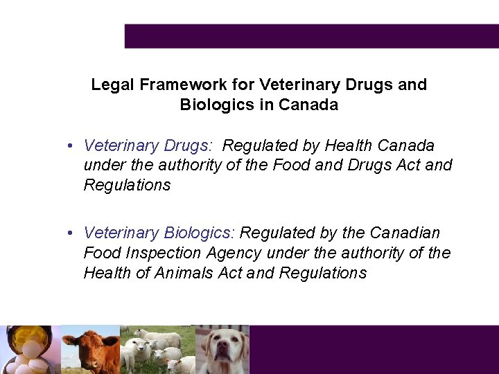 Legal Framework for Veterinary Drugs and Biologics in Canada • Veterinary Drugs: Regulated by
