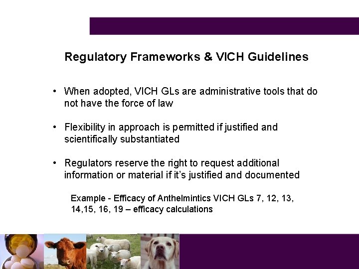 Regulatory Frameworks & VICH Guidelines • When adopted, VICH GLs are administrative tools that