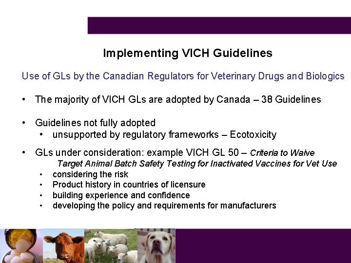 Implementing VICH Guidelines Use of GLs by the Canadian Regulators for Veterinary Drugs and
