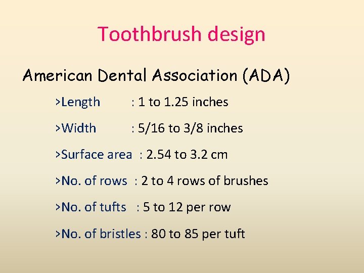 Toothbrush design American Dental Association (ADA) ›Length : 1 to 1. 25 inches ›Width