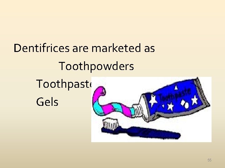 Dentifrices are marketed as Toothpowders Toothpastes Gels 55 