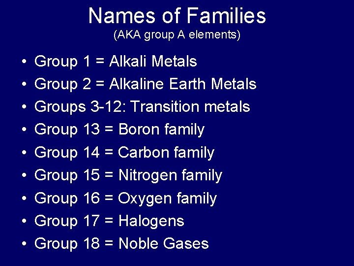 Names of Families (AKA group A elements) • • • Group 1 = Alkali