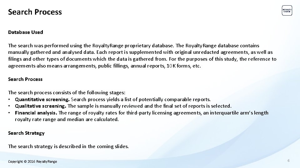 Search Process Database Used The search was performed using the Royalty. Range proprietary database.